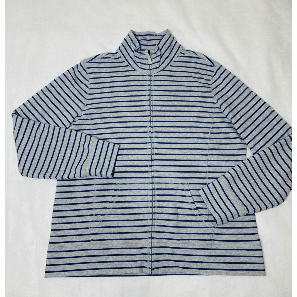 L.L. Bean Gray Blue Striped Full Zip Jacket Sweatshirt Mock Neck XL Regular - Picture 2 of 8